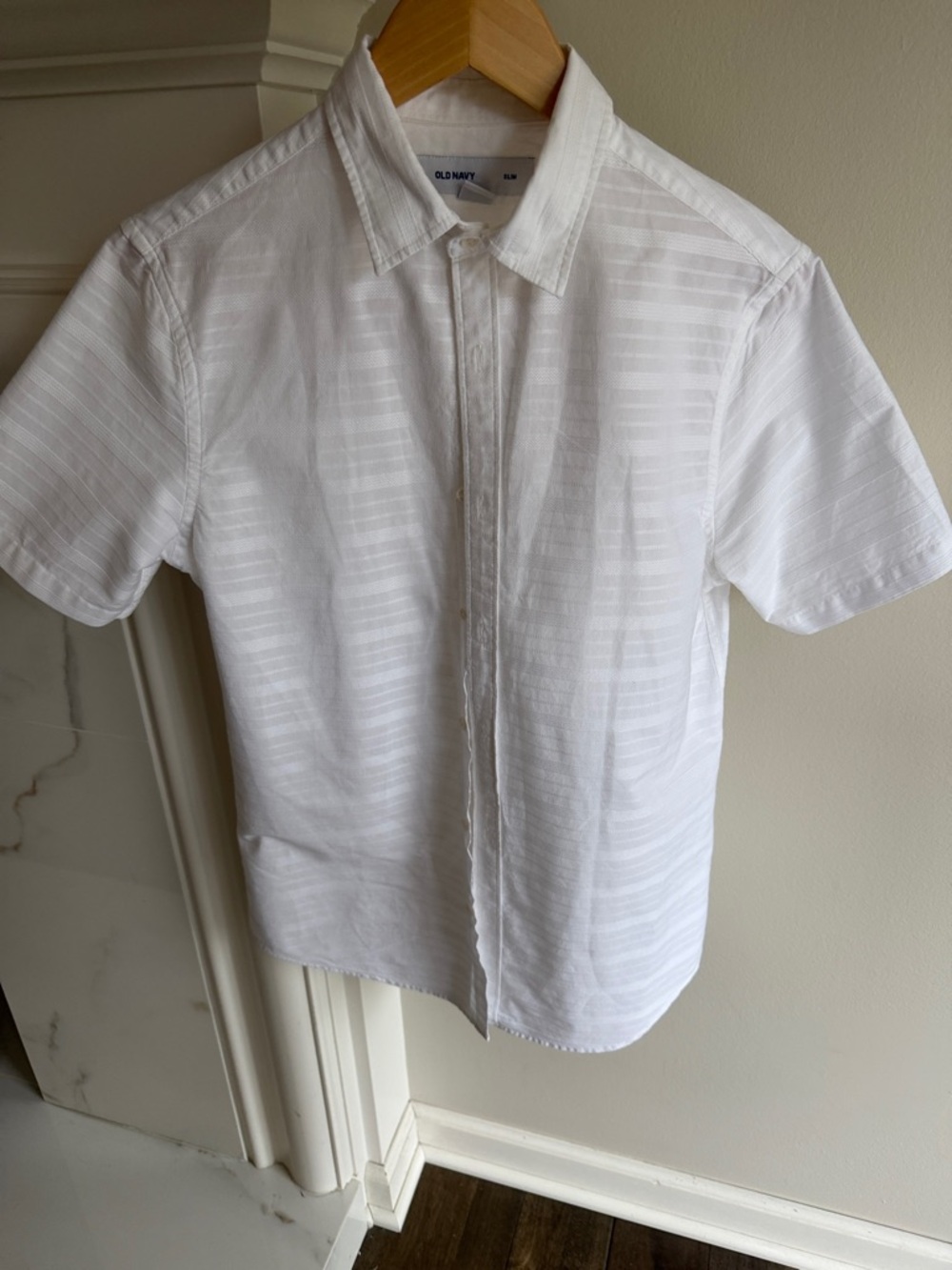 Old Navy White Short-Sleeve Button-Down Shirt with Subtle Stripe Texture